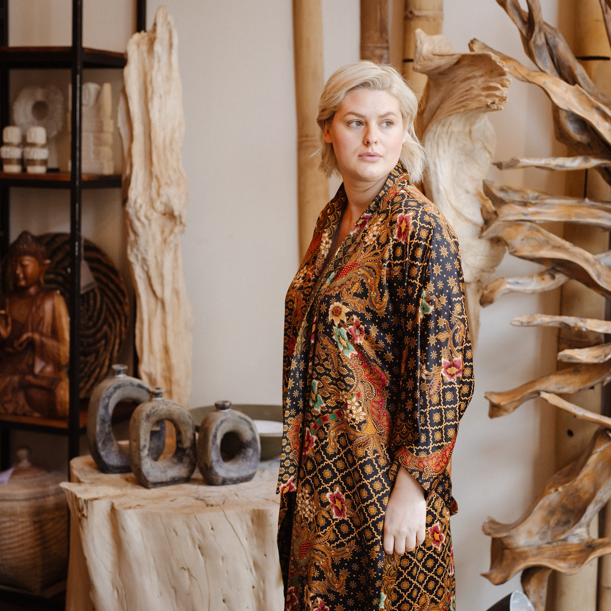 Amber Brown Medallion Floral Satin Kimono Robe with Geometric Border - Image 3