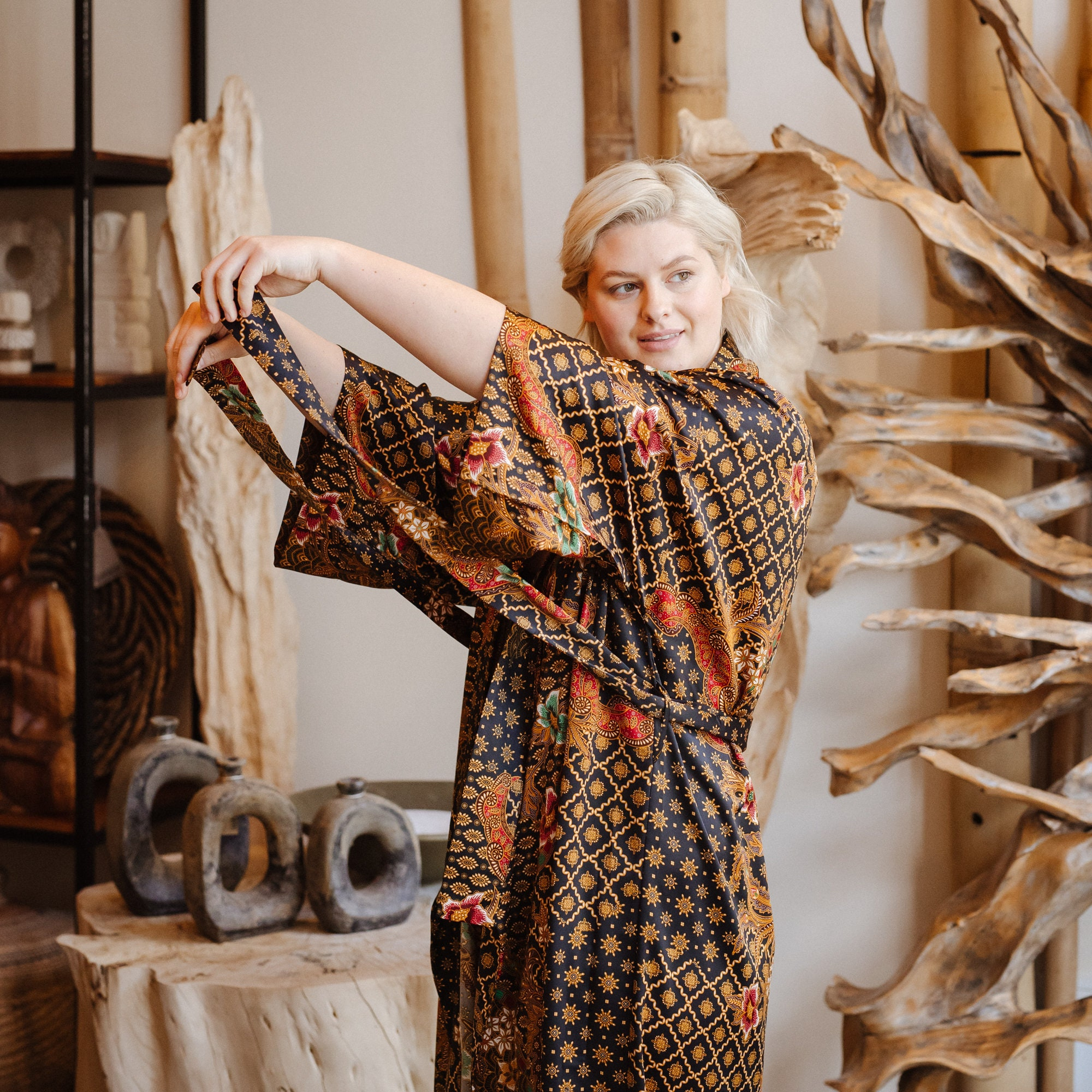 Amber Brown Medallion Floral Satin Kimono Robe with Geometric Border - Image 2