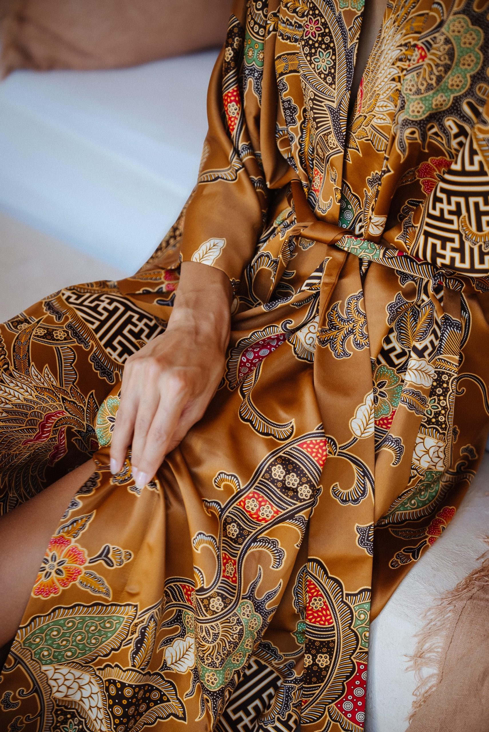 Copper Brown Paisley Satin Kimono Robe with Ornate Floral Print - Image 3