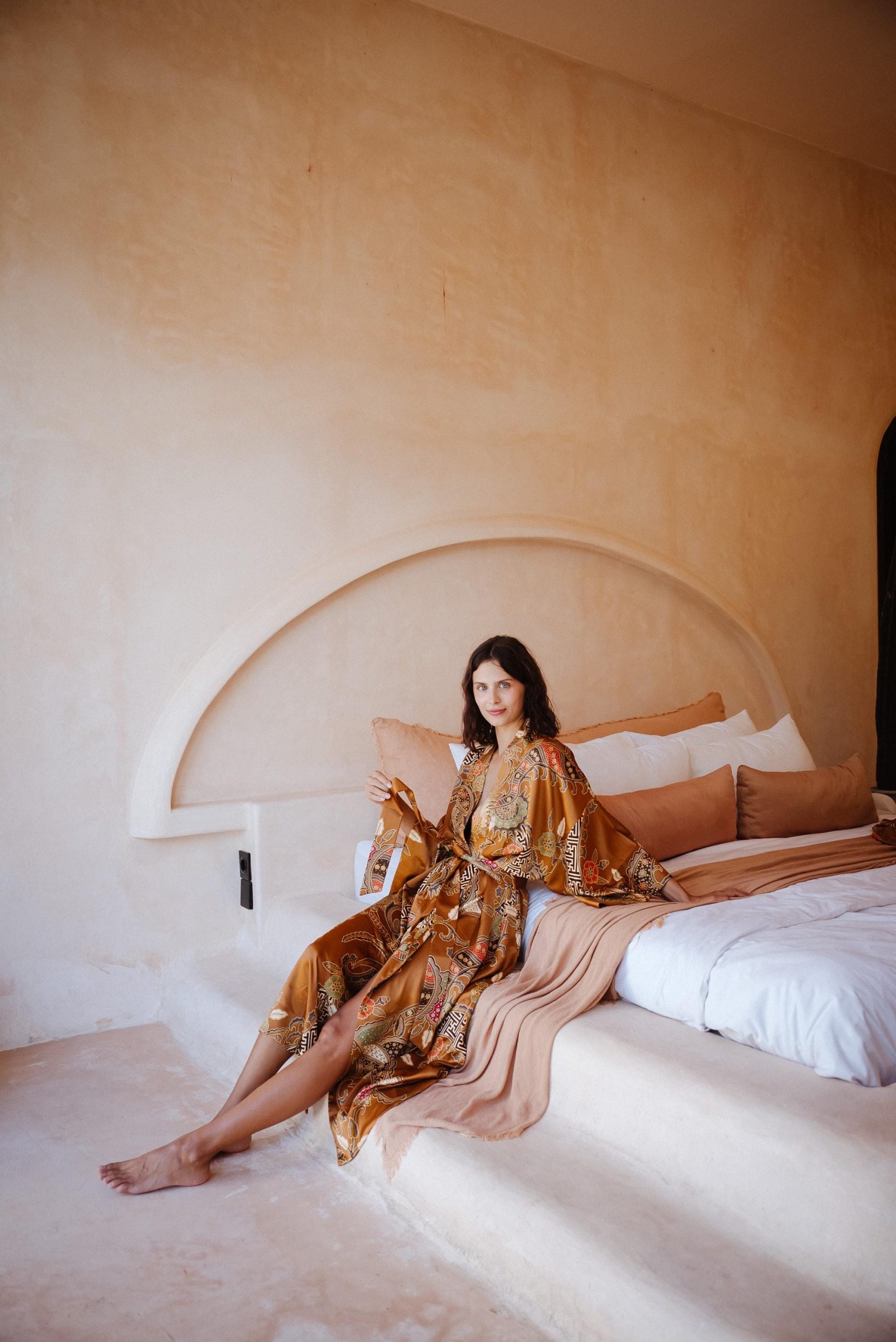 Copper Brown Paisley Satin Kimono Robe with Ornate Floral Print - Image 4