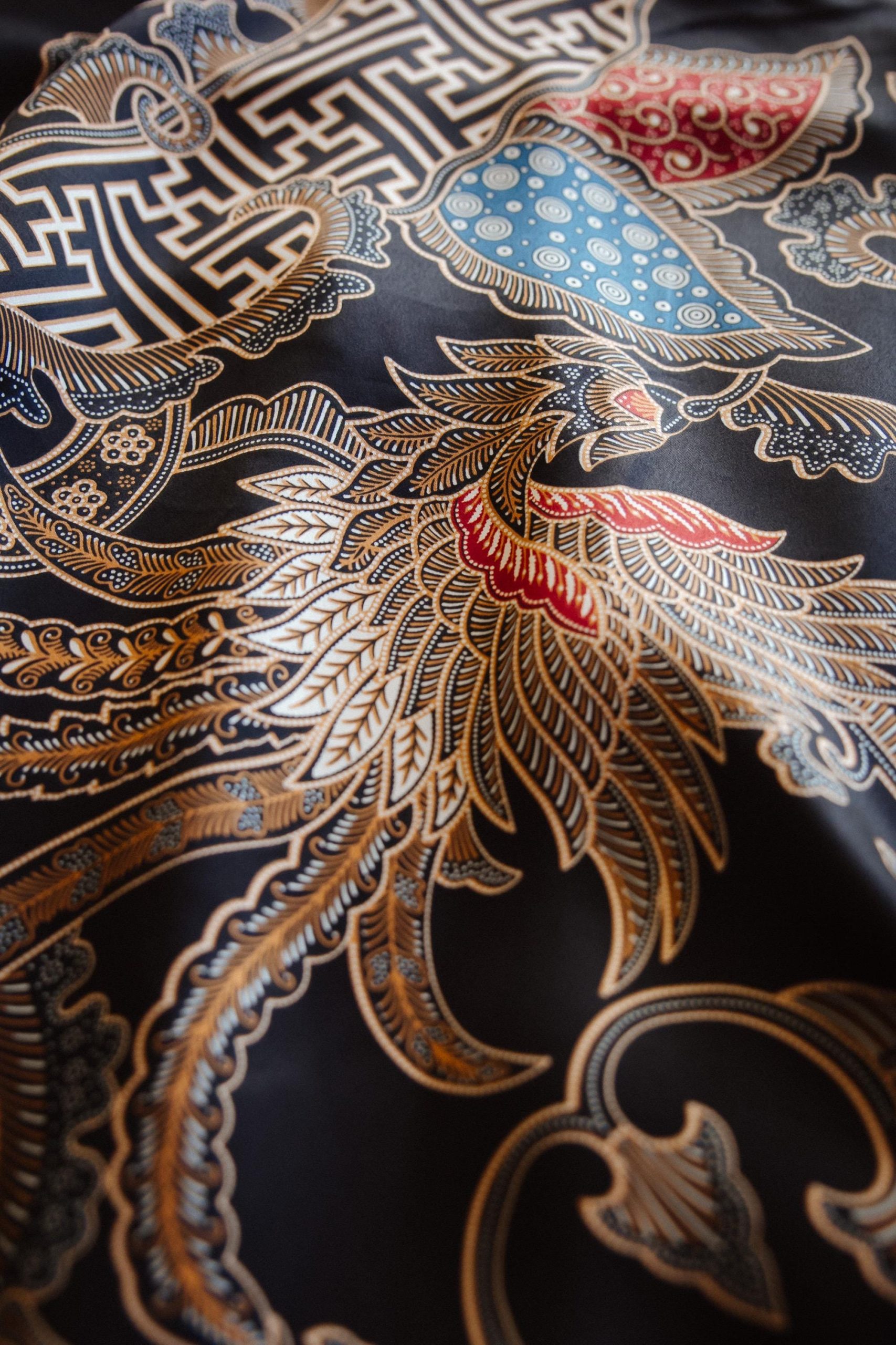 Deep Teal Crane Floral Satin Kimono Robe with Ornate Paisley Print - Image 2