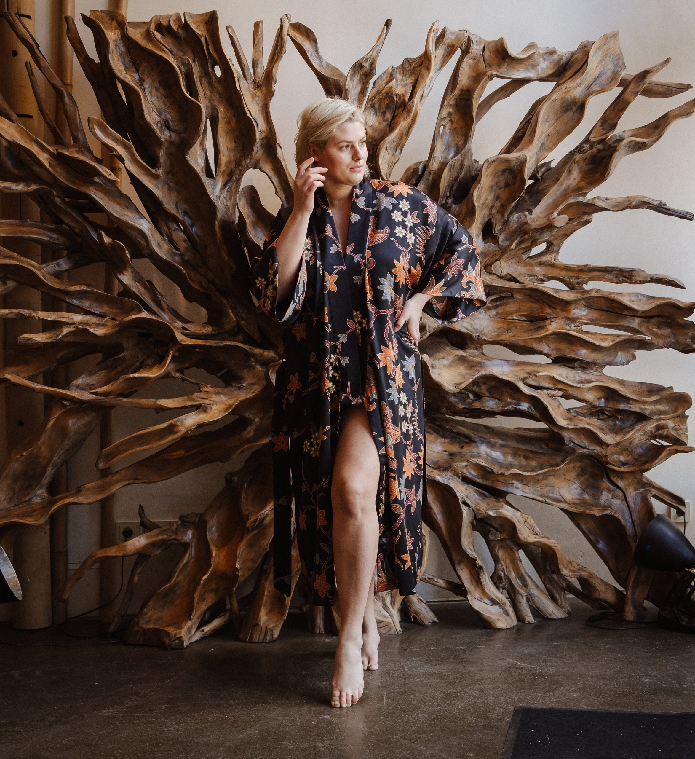 Midnight Black Maple Floral Satin Kimono Robe with Waist Belt - Image 2