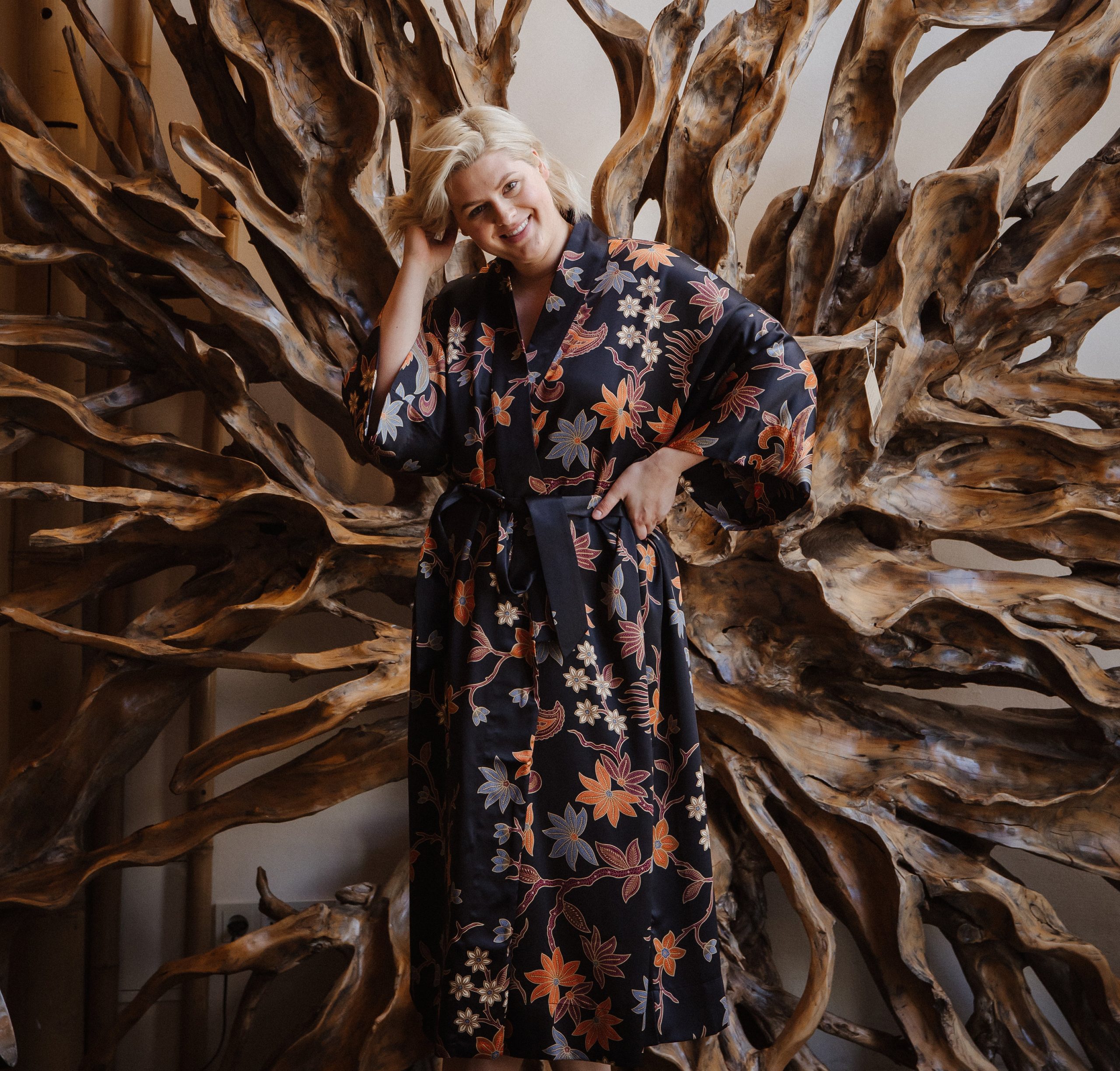 Midnight Black Maple Floral Satin Kimono Robe with Waist Belt - Image 4