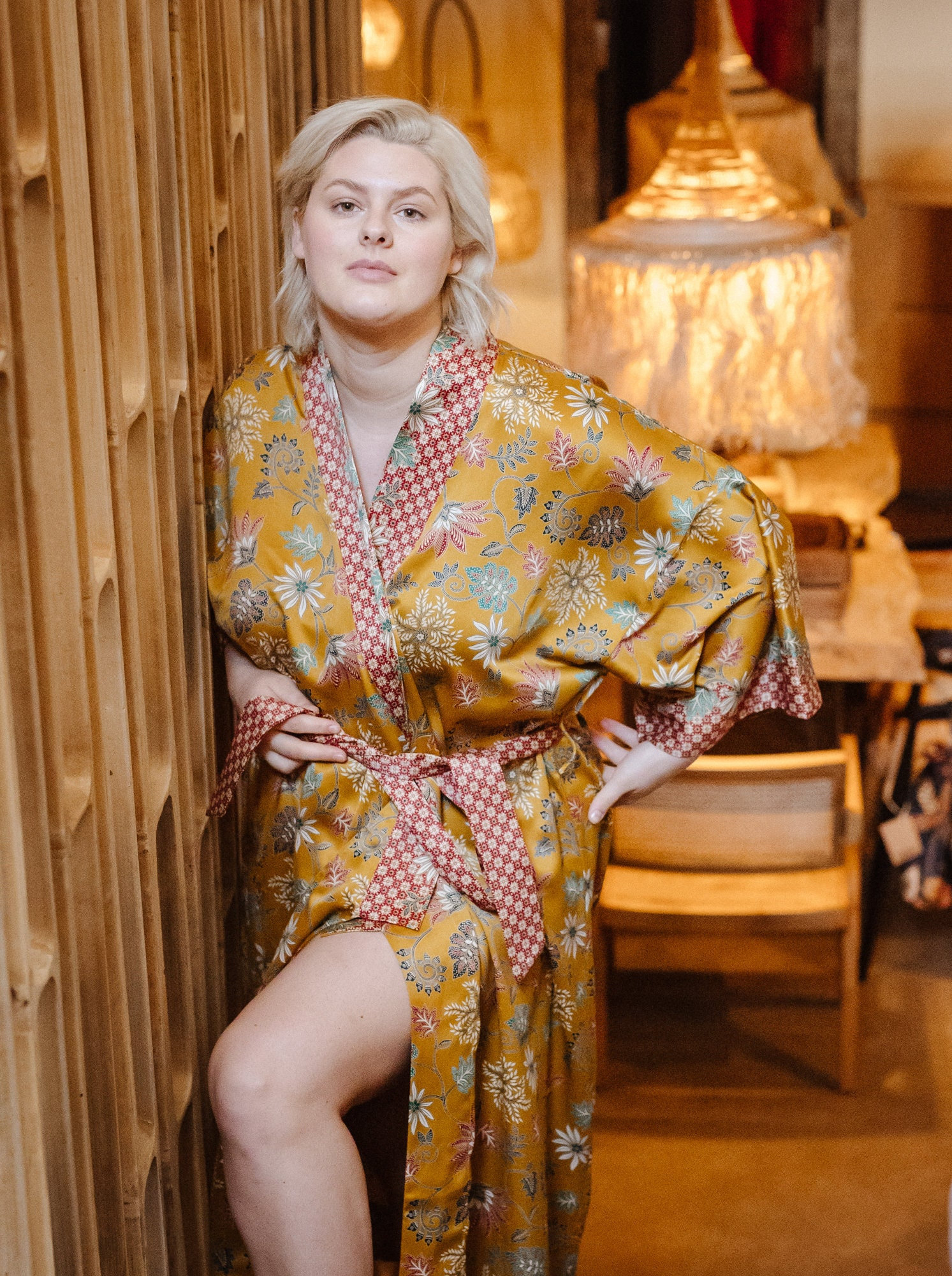 Mustard Gold Floral Satin Kimono Robe with Red Patterned Trim - Image 4