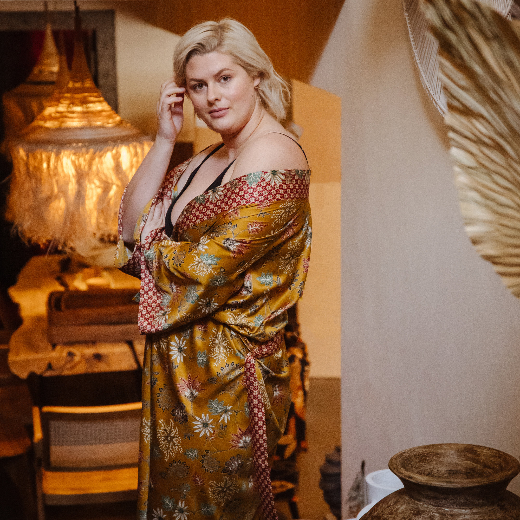Mustard Gold Floral Satin Kimono Robe with Red Patterned Trim - Image 3