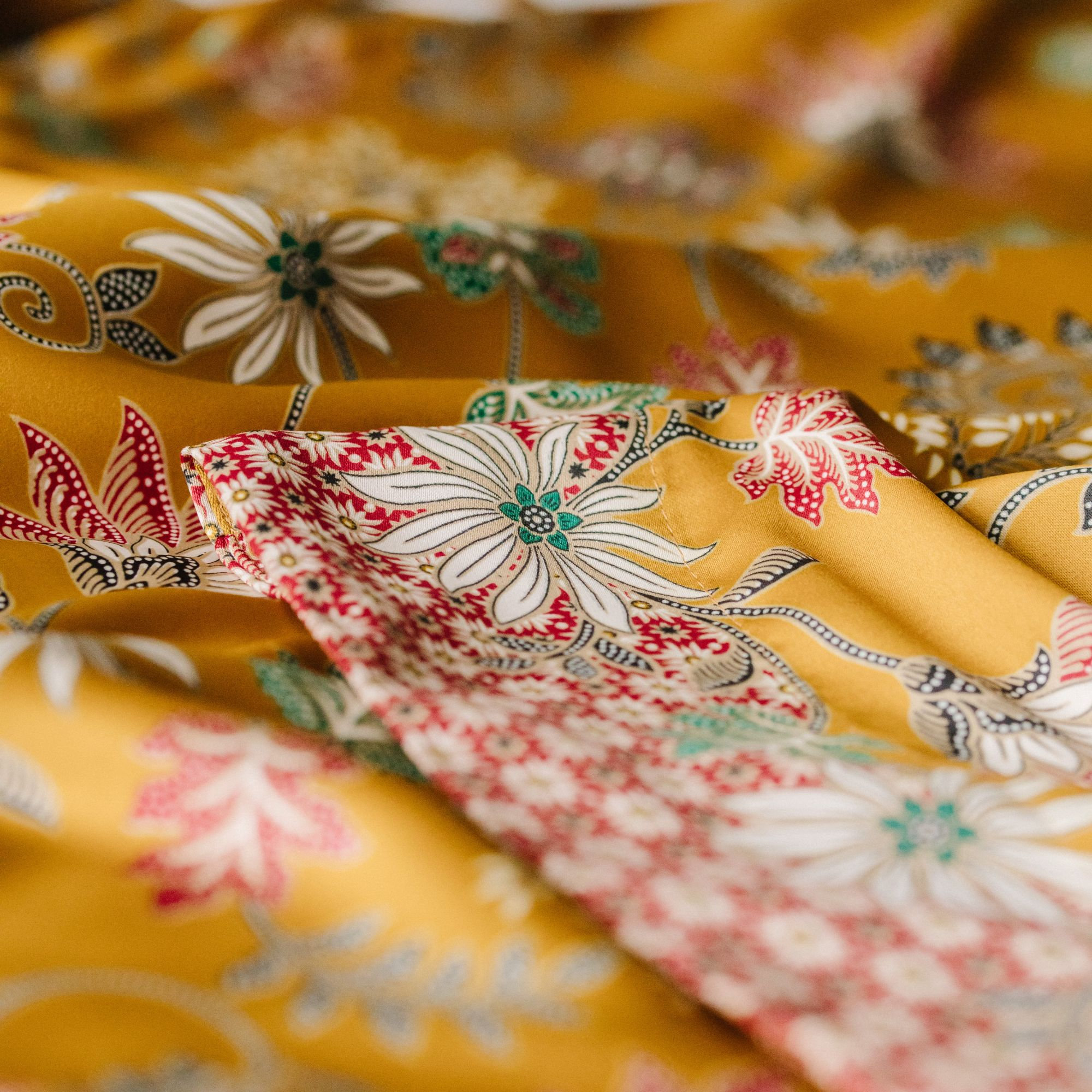 Mustard Gold Floral Satin Kimono Robe with Red Patterned Trim - Image 5