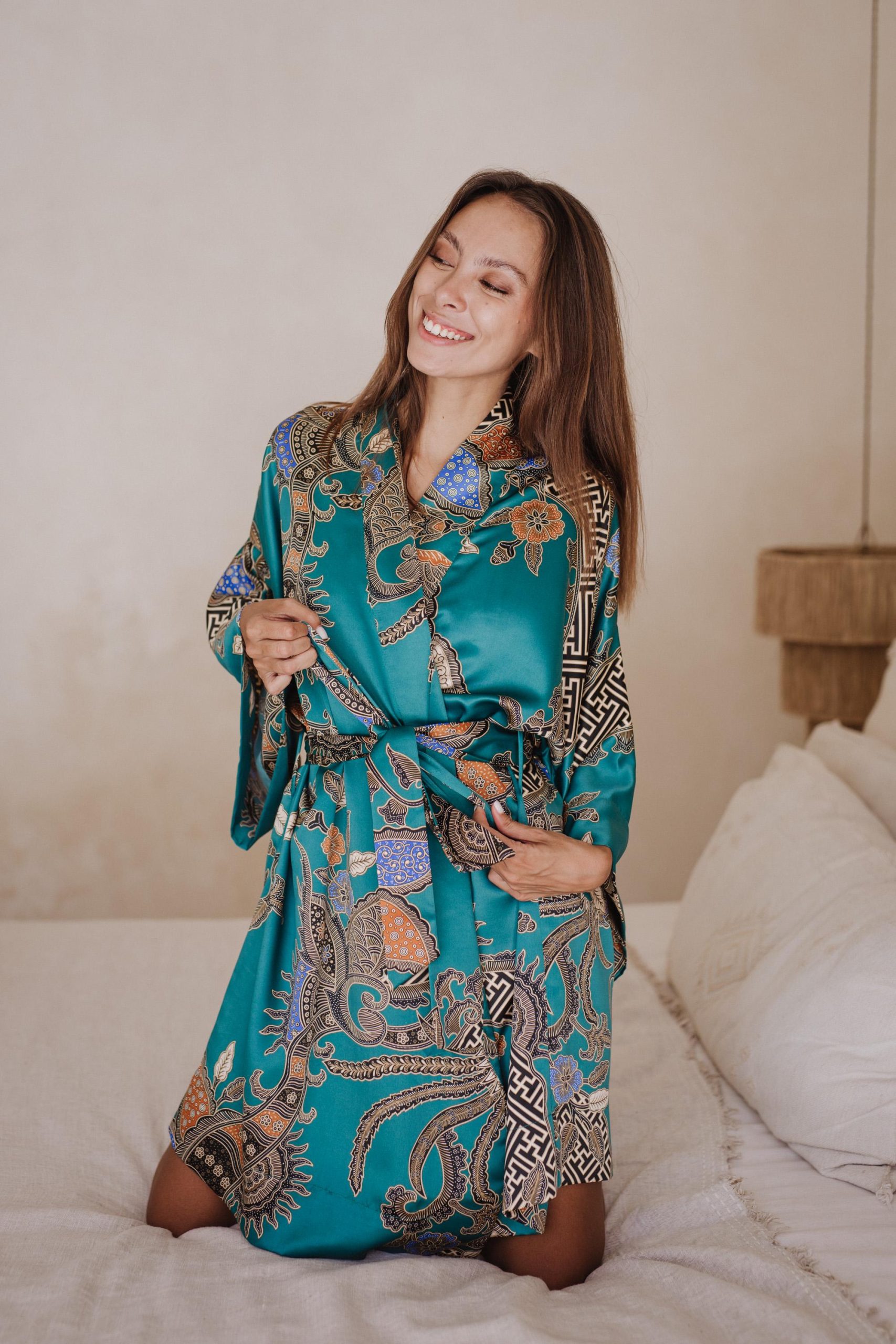 Ocean Blue Baroque Paisley Satin Kimono Robe with Belt - Image 3