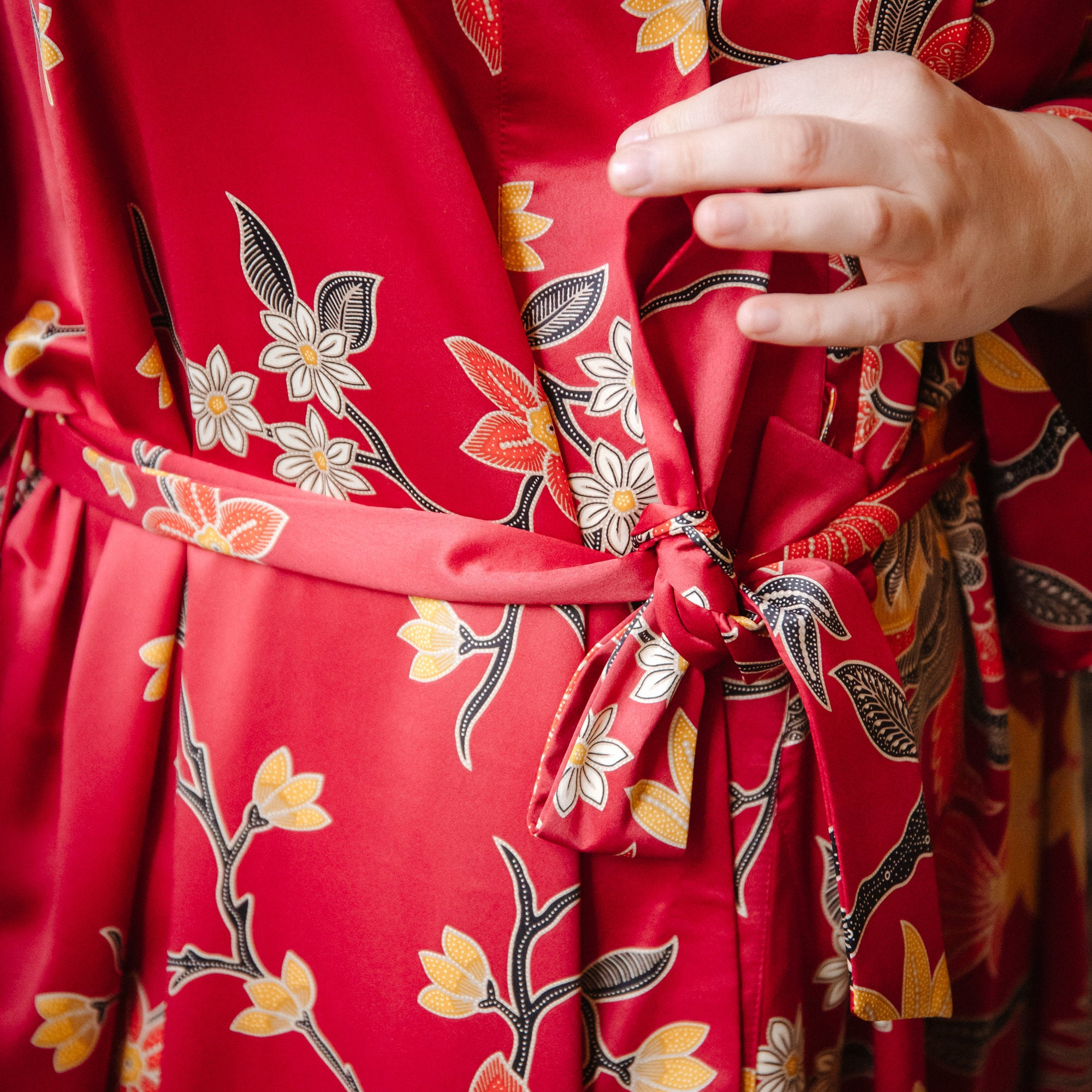 Ruby Red Crane Floral Satin Kimono Robe with Waist Belt - Image 5
