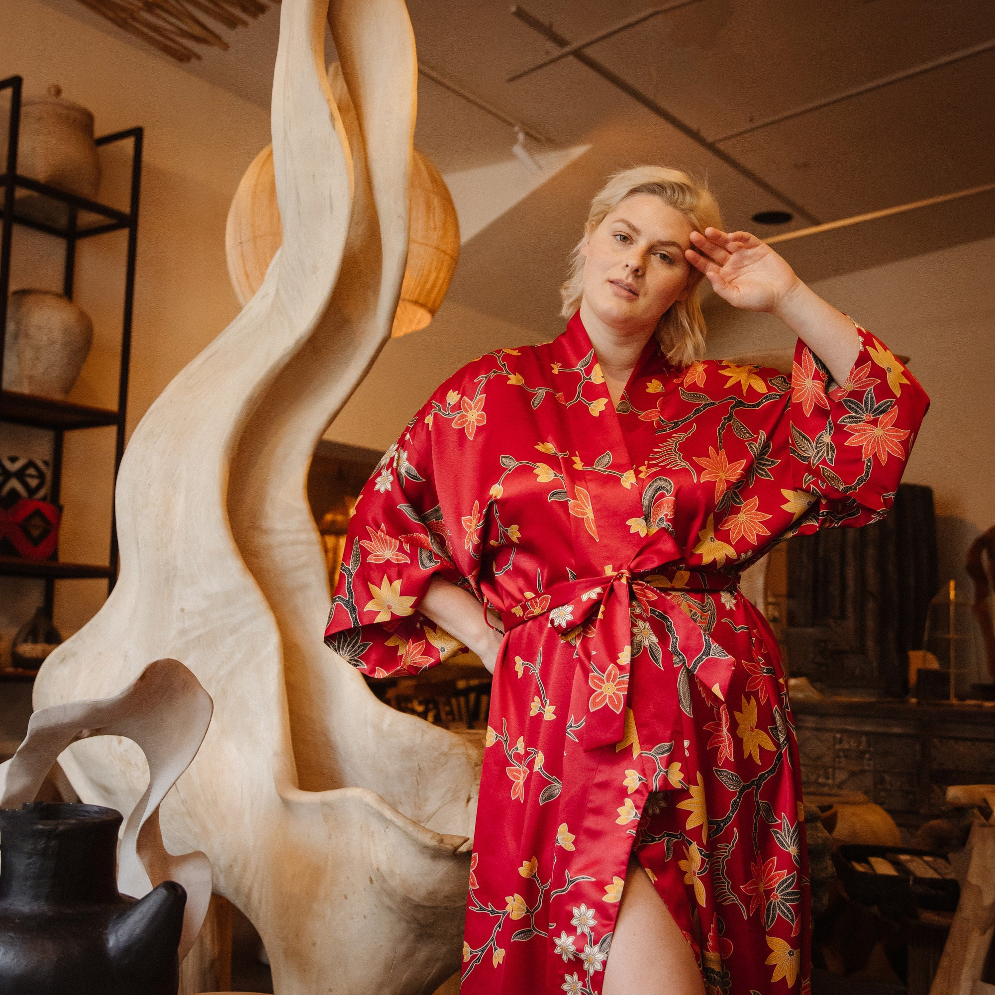 Ruby Red Crane Floral Satin Kimono Robe with Waist Belt - Image 3