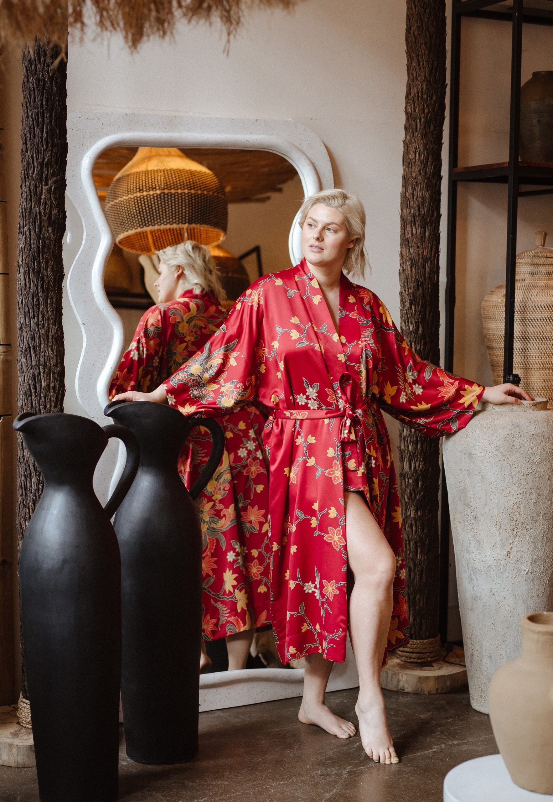 Ruby Red Crane Floral Satin Kimono Robe with Waist Belt - Image 2