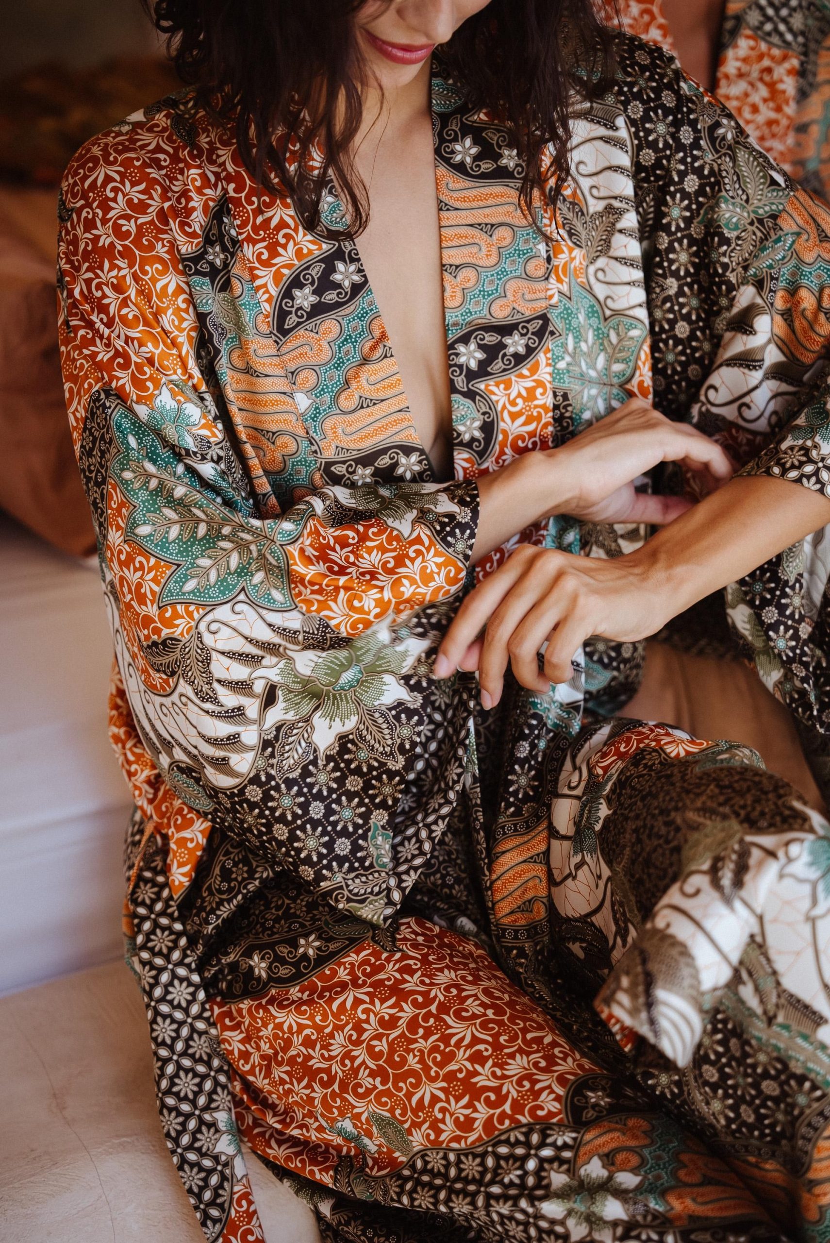 Sage Green Patchwork Floral Satin Kimono Robe with Coral Accents - Image 2