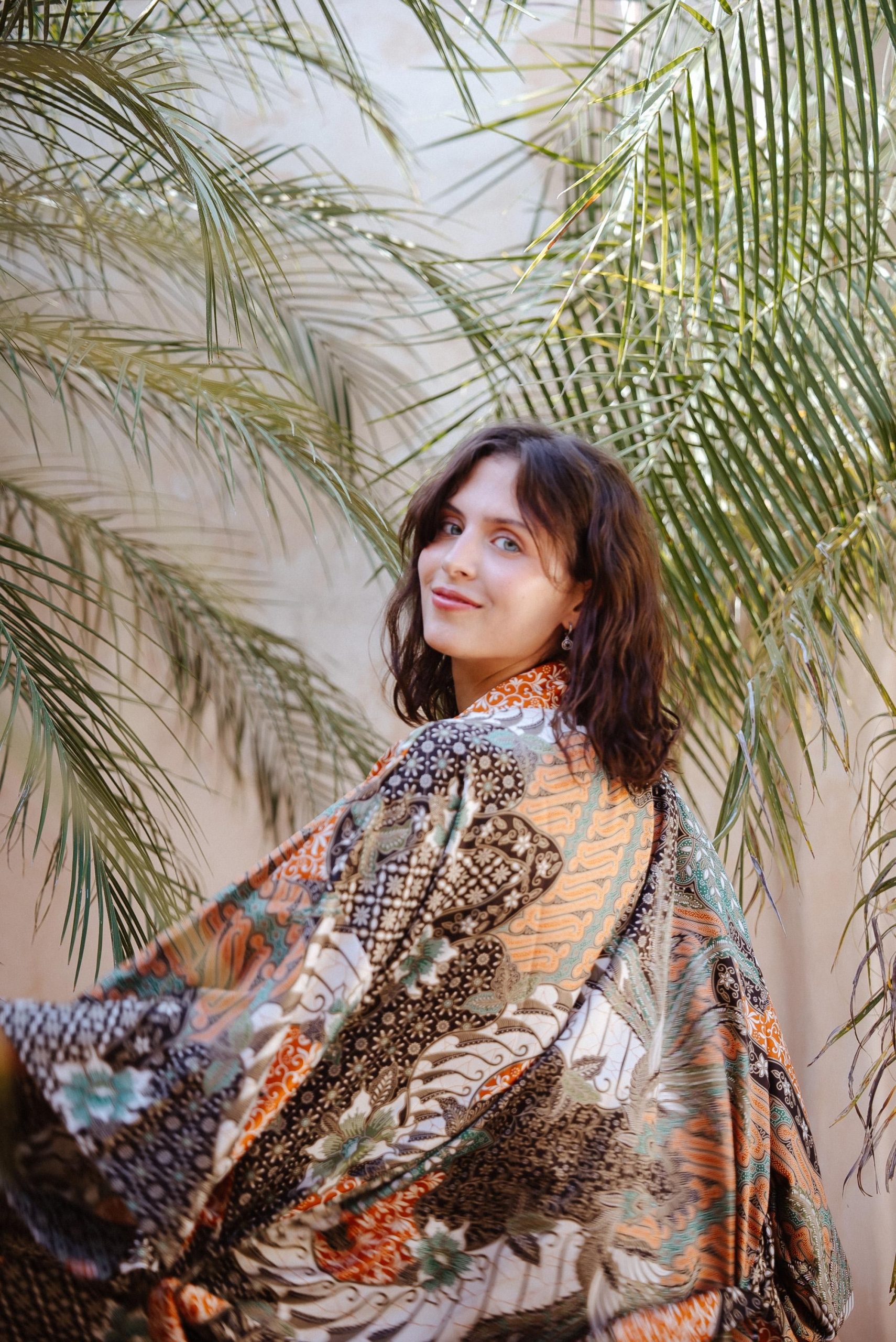 Sage Green Patchwork Floral Satin Kimono Robe with Coral Accents - Image 3