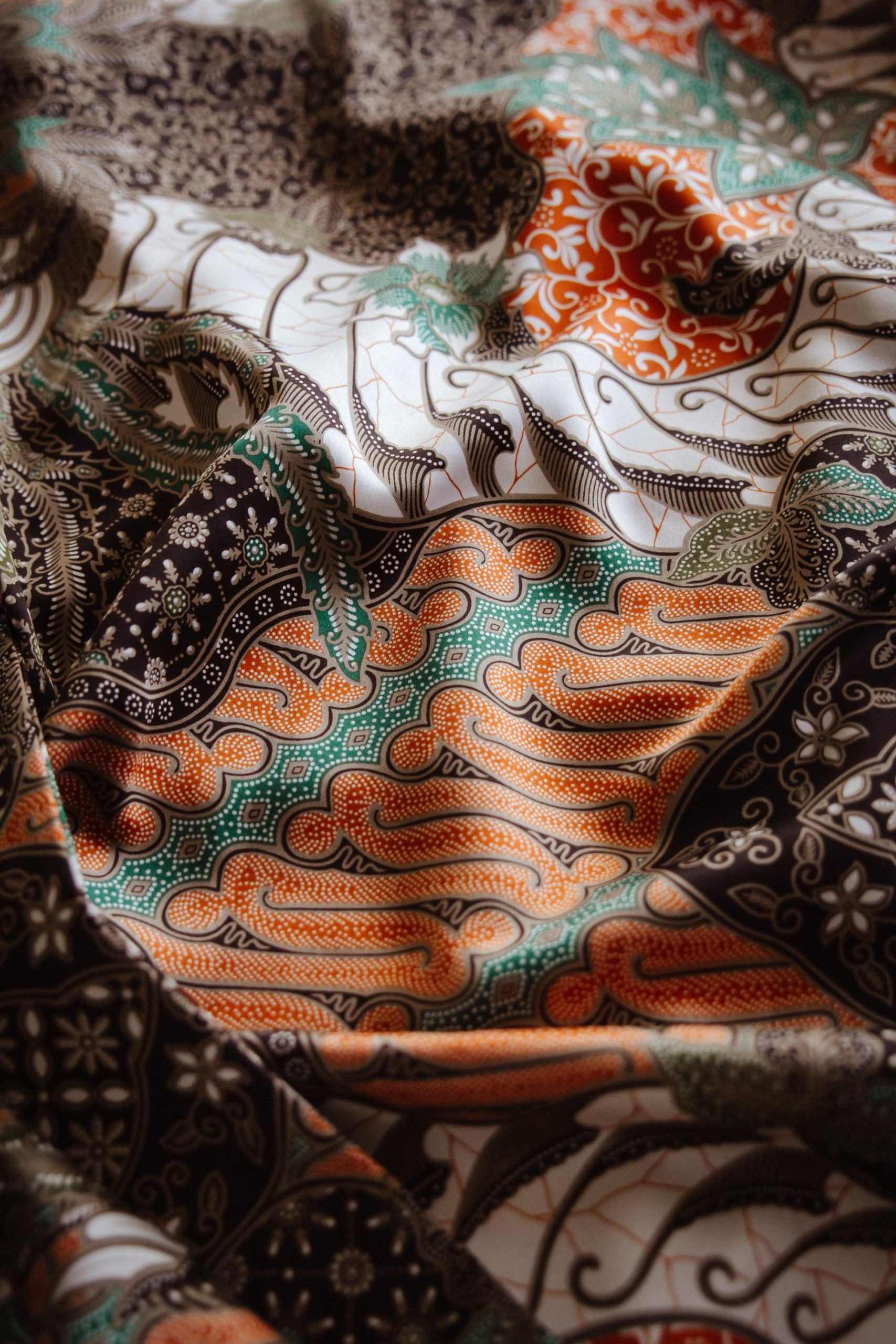 Sage Green Patchwork Floral Satin Kimono Robe with Coral Accents - Image 4