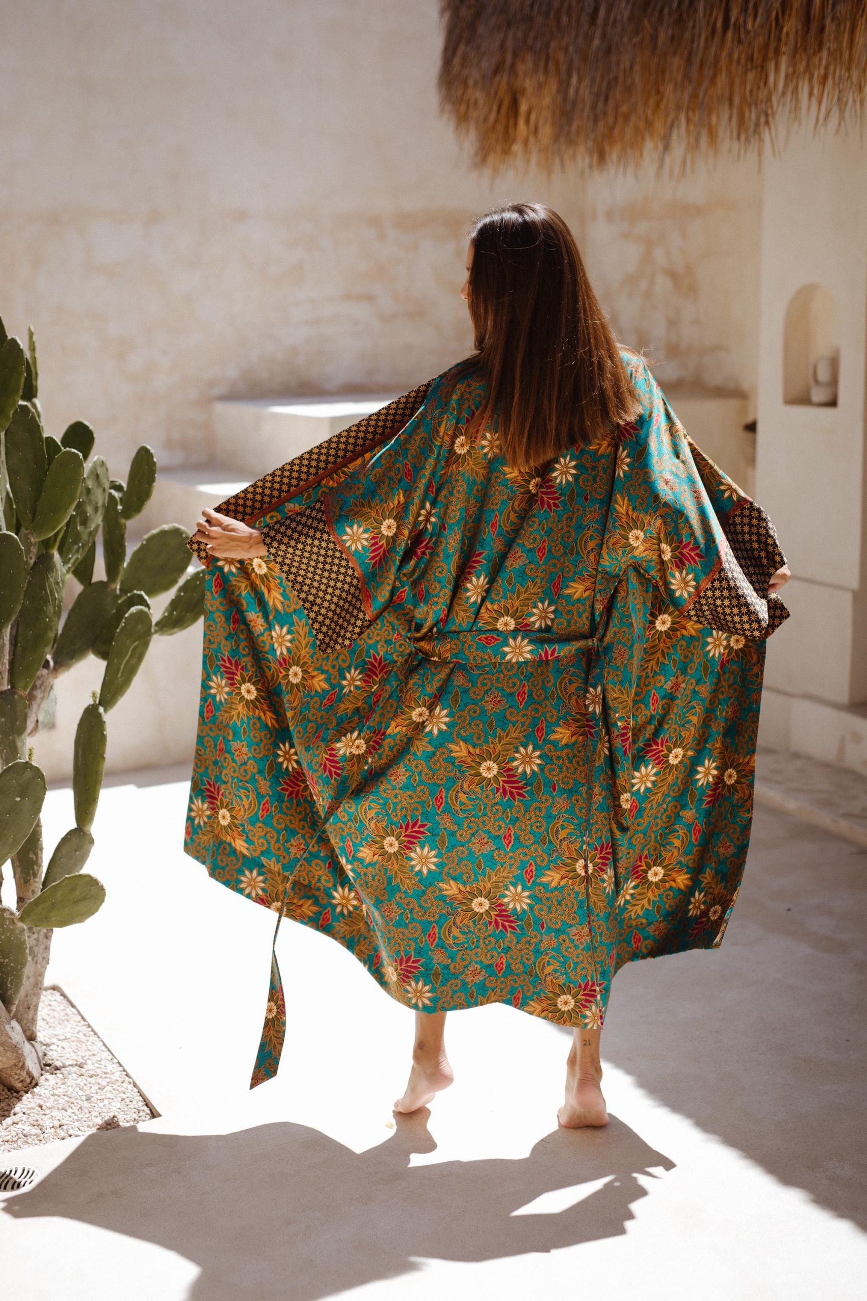 Teal Green Floral Satin Kimono Robe with Brown Patterned Trim - Image 6