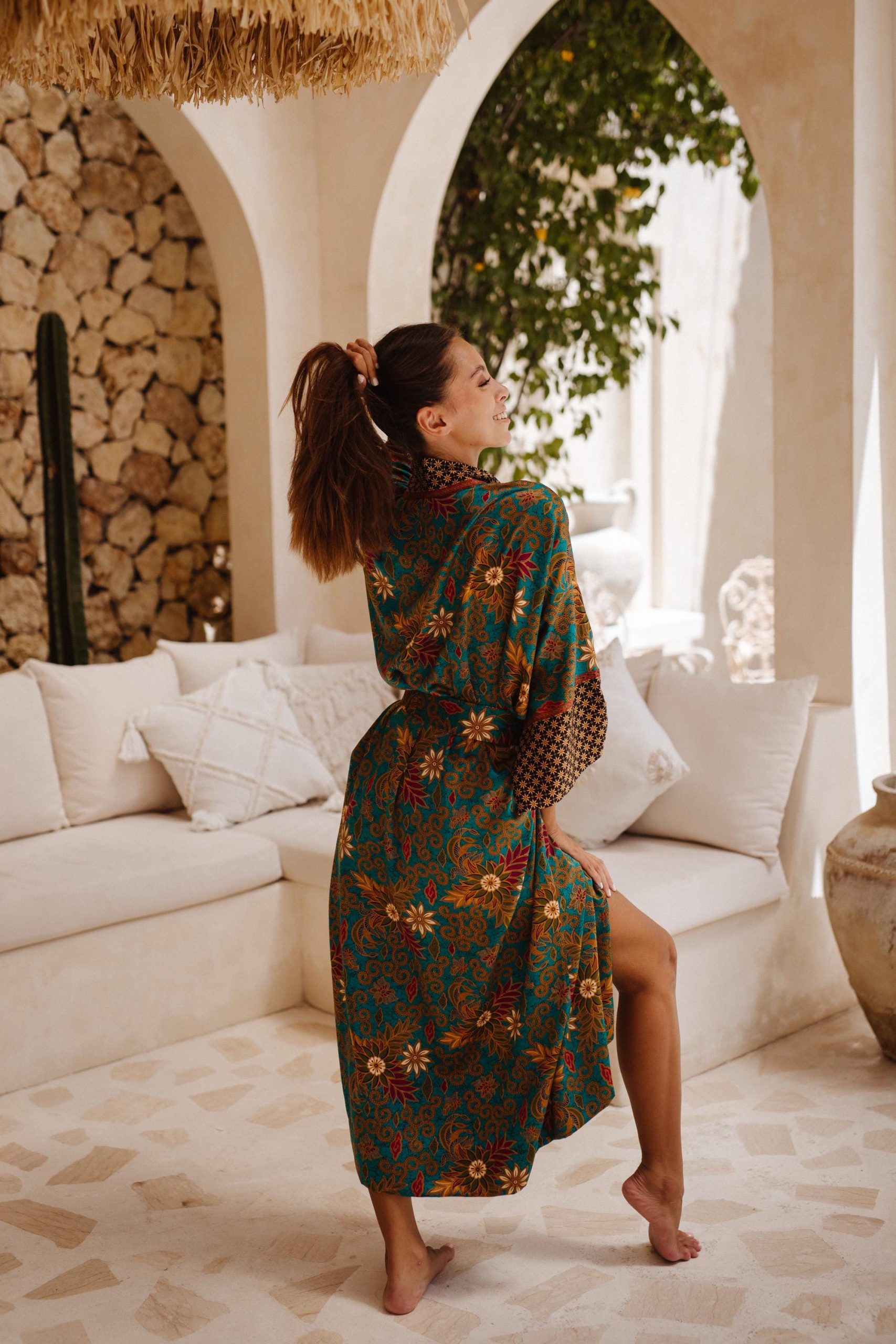 Teal Green Floral Satin Kimono Robe with Brown Patterned Trim - Image 5