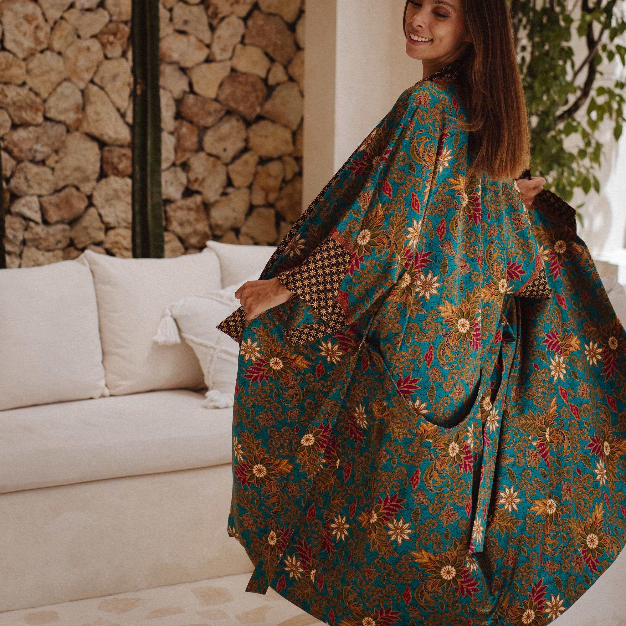 Teal Green Floral Satin Kimono Robe with Brown Patterned Trim - Image 4