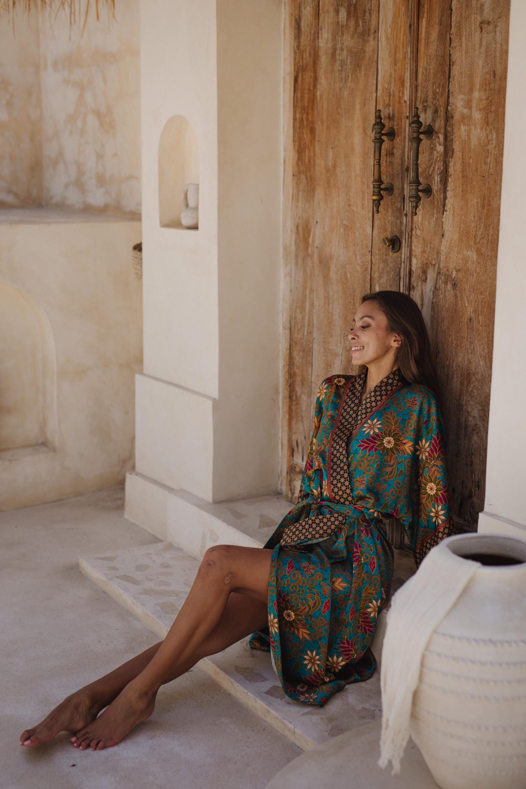 Teal Green Floral Satin Kimono Robe with Brown Patterned Trim - Image 3